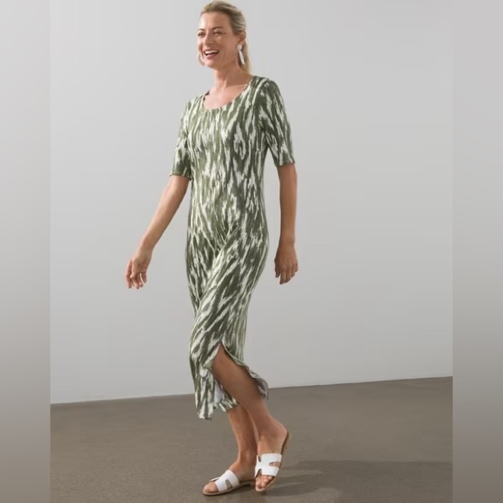 NWT Chico’s Side Slit Midi T Shirt Ikat Print Dress Size M Modern Boho Global